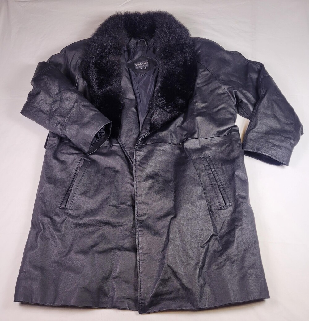 Vtg Pelle New York Milano Coat Womens Small Black Leather Fox Fur Collar Trench